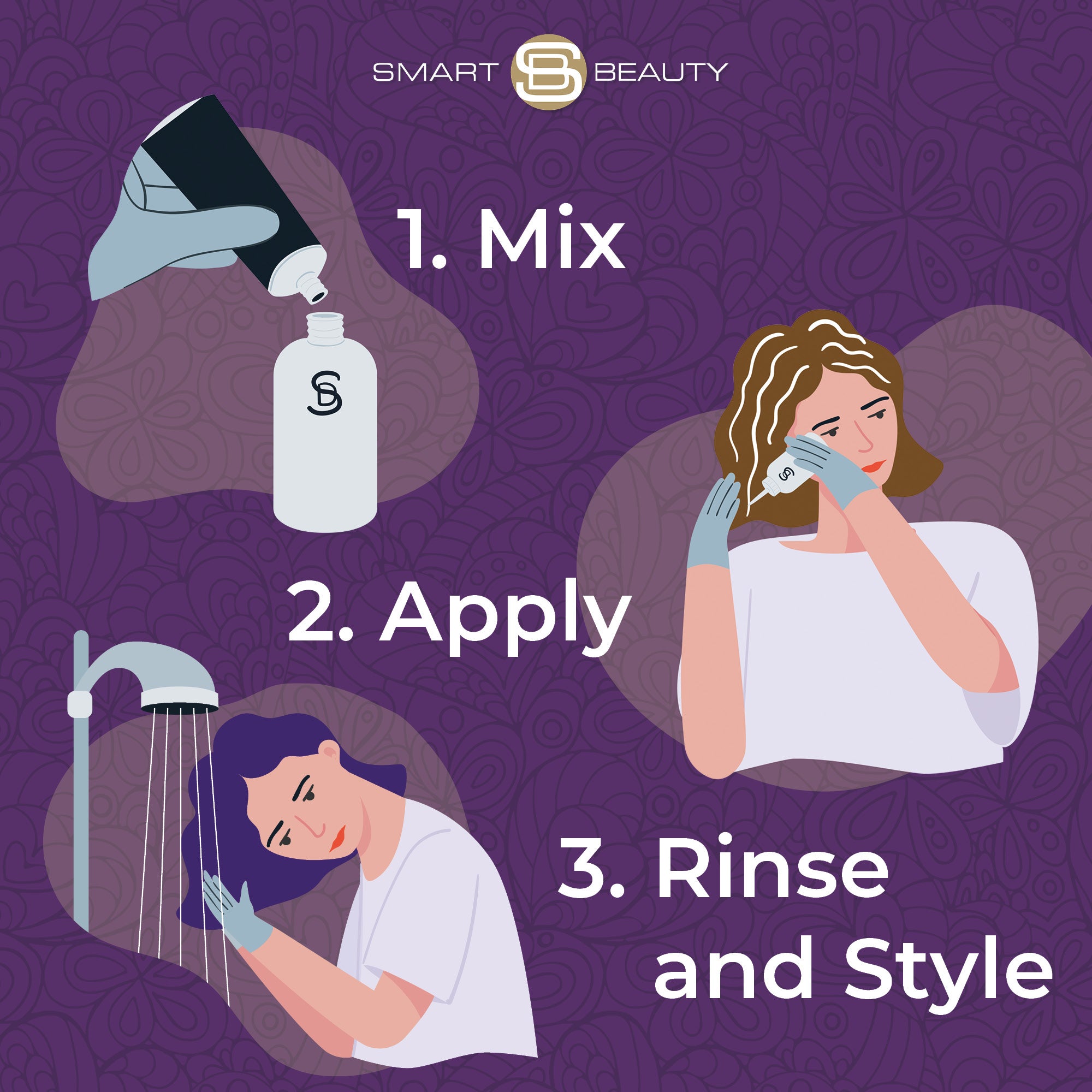 Smart Beauty Amethyst Purple Hair Dye application guide – easy 3-step process to mix, apply, rinse, and style for professional salon-quality results at home.